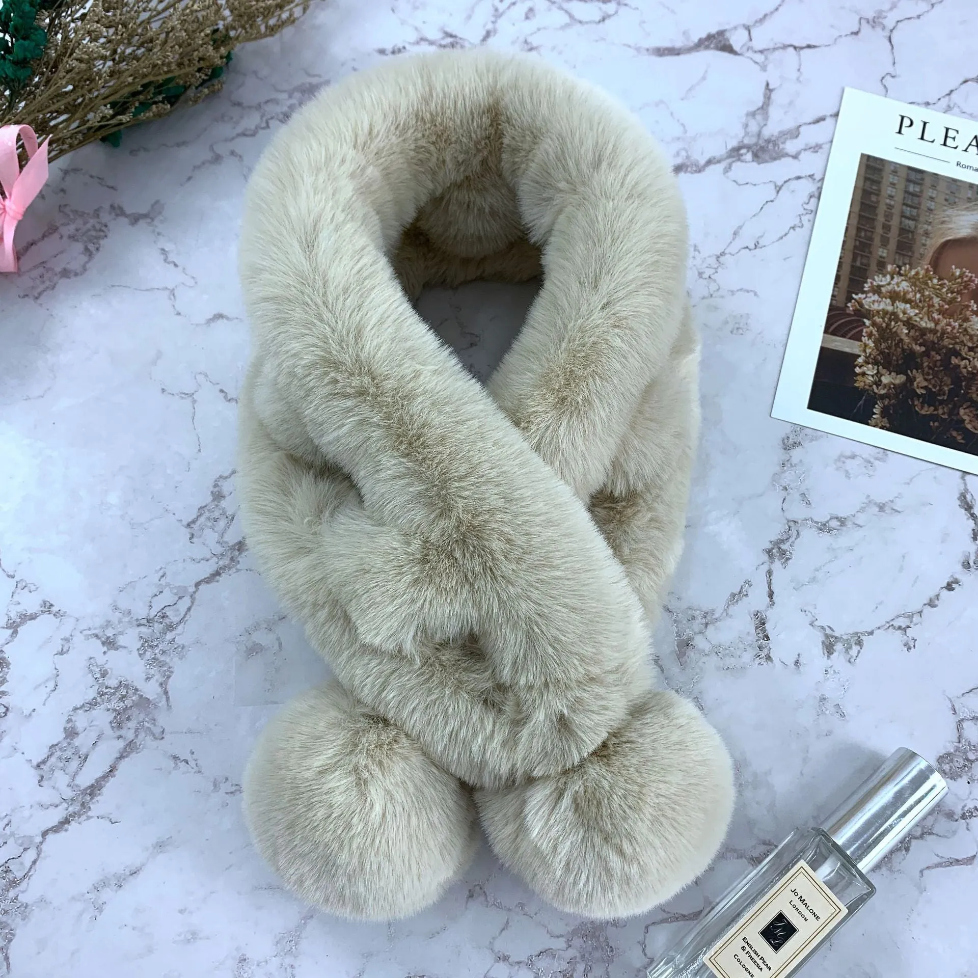 Scarf Female Autumn and Winter  Fur Rabbit Fur Plush Thick Warm Scarf Solid Color Fur Ball Cross Student Children