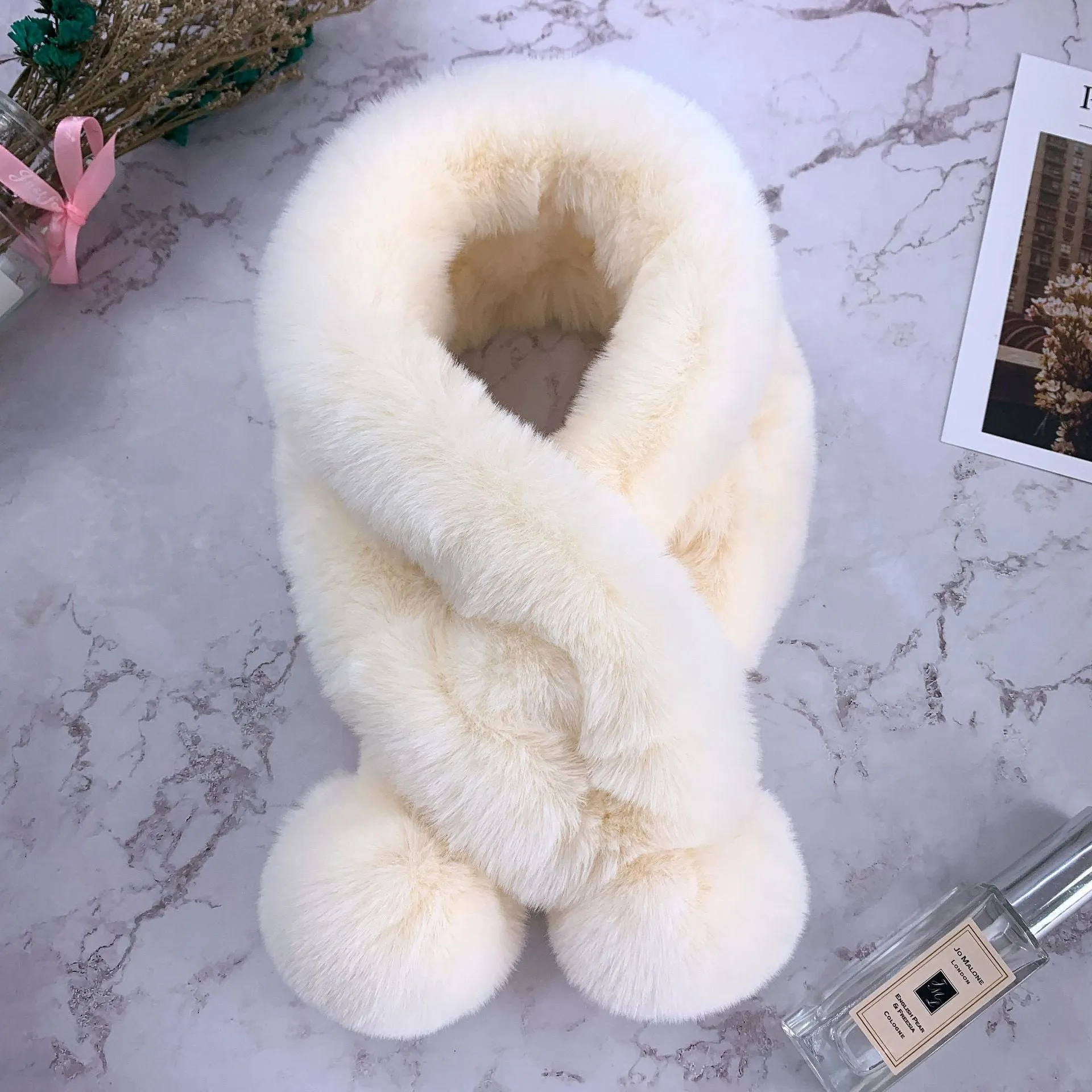 Scarf Female Autumn and Winter  Fur Rabbit Fur Plush Thick Warm Scarf Solid Color Fur Ball Cross Student Children