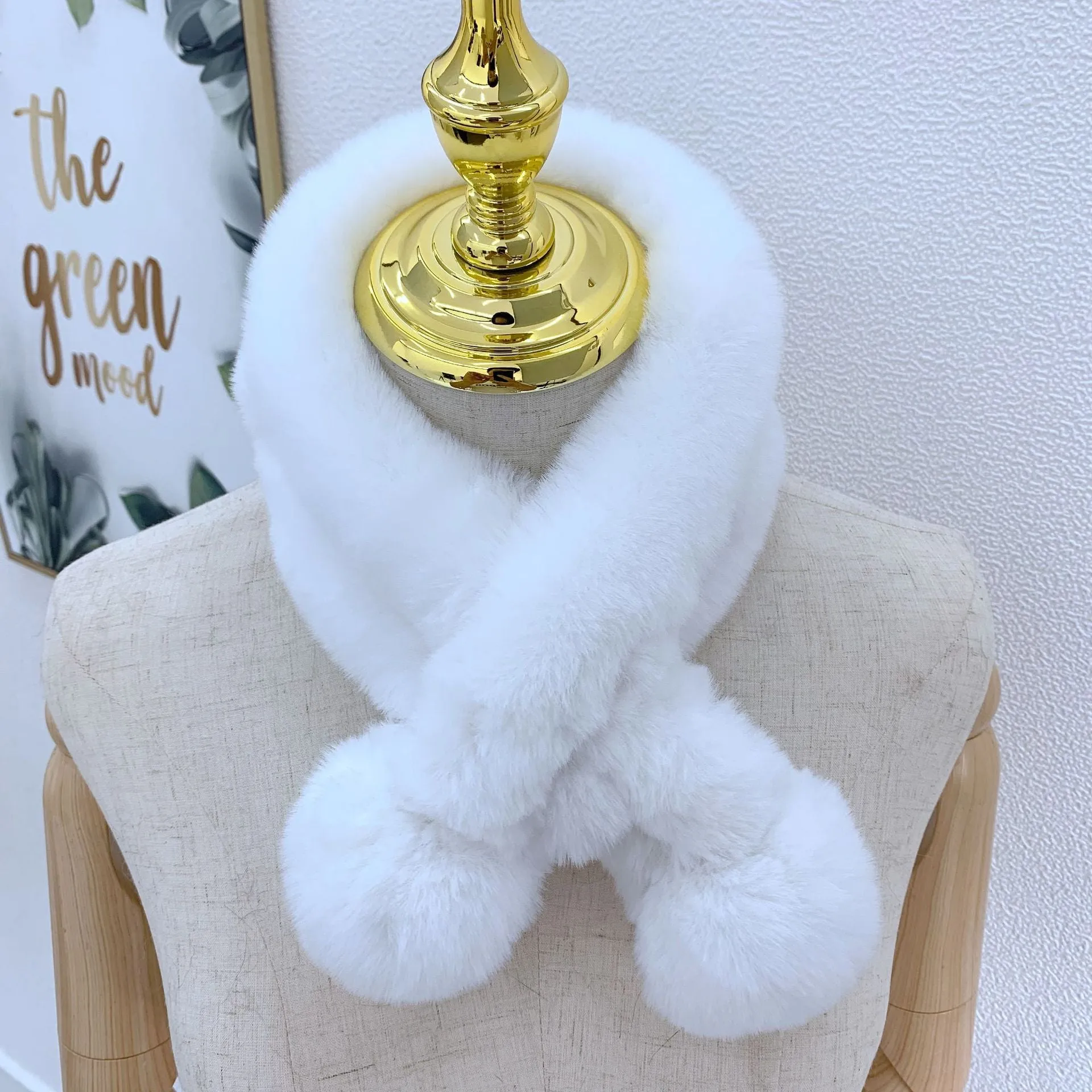 Scarf Female Autumn and Winter  Fur Rabbit Fur Plush Thick Warm Scarf Solid Color Fur Ball Cross Student Children