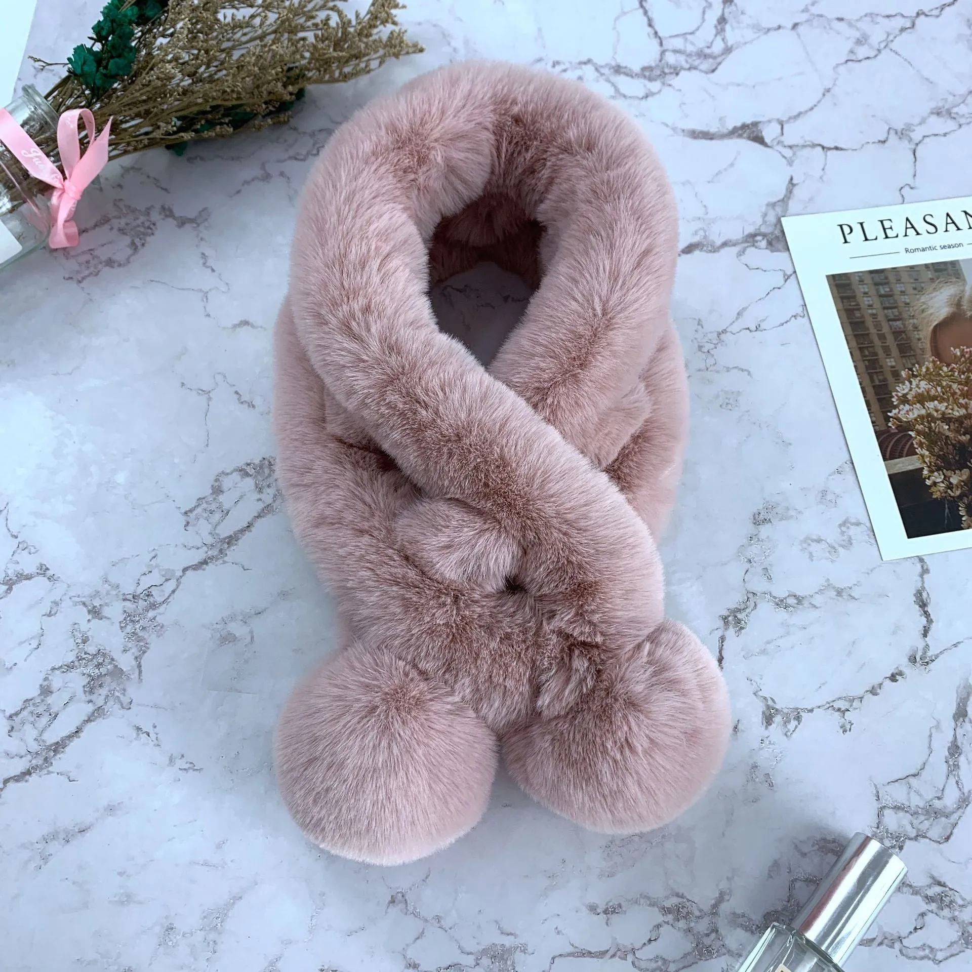 Scarf Female Autumn and Winter  Fur Rabbit Fur Plush Thick Warm Scarf Solid Color Fur Ball Cross Student Children