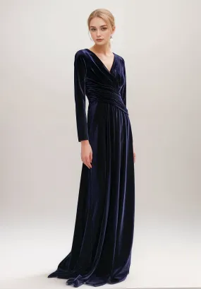 Sexy V-Neck Velvet Dress with Long Sleeves and Ruched Waist Desi