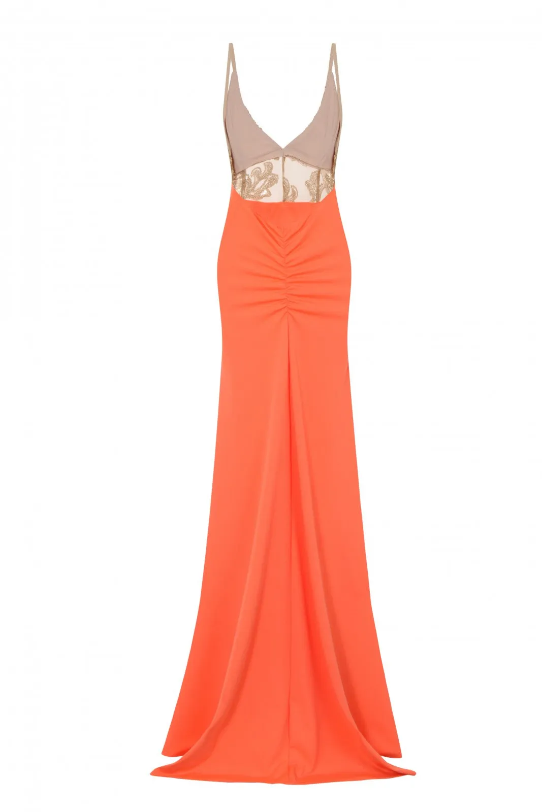 Shayla Coral Slinky Backless Fishtail Maxi Dress