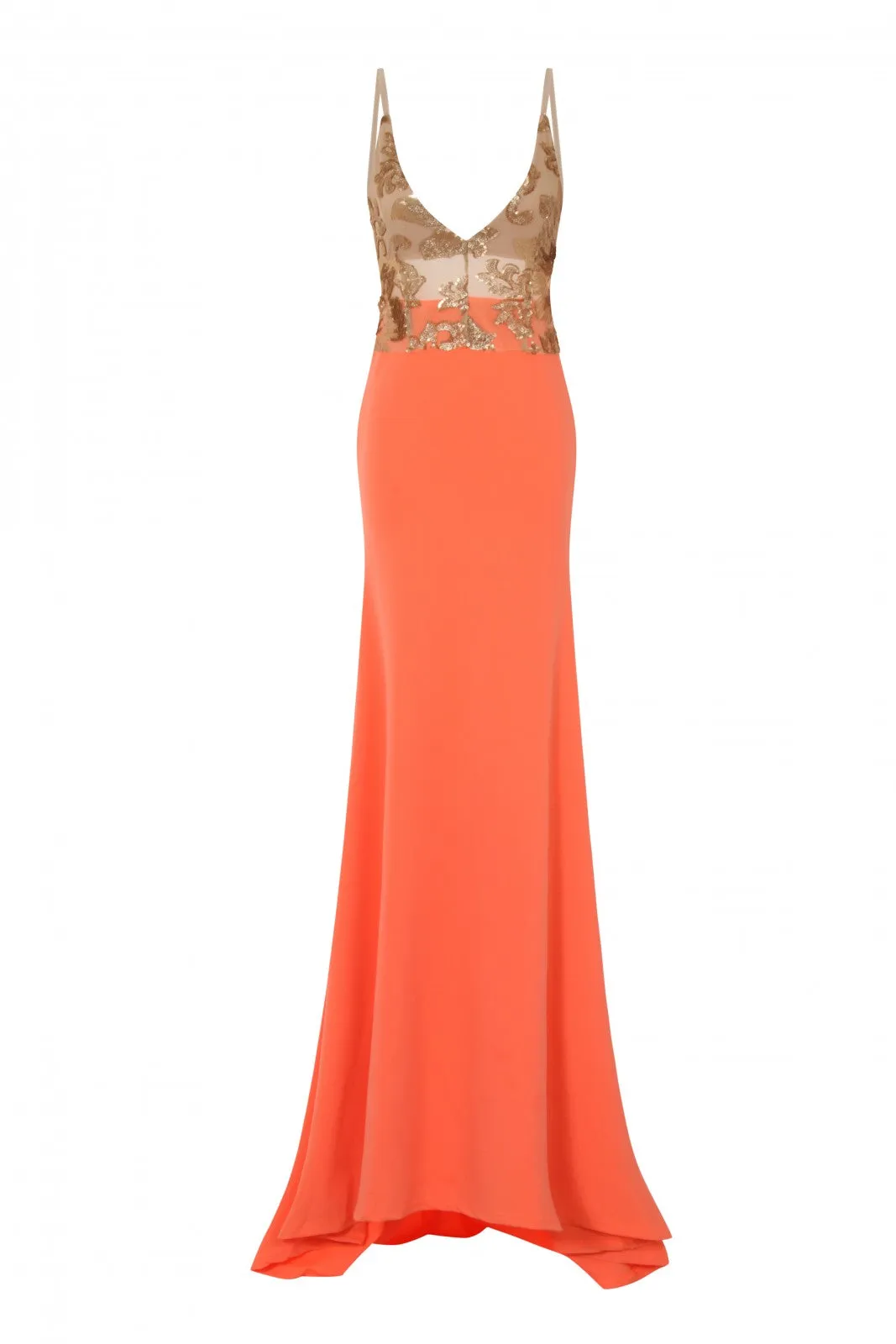 Shayla Coral Slinky Backless Fishtail Maxi Dress