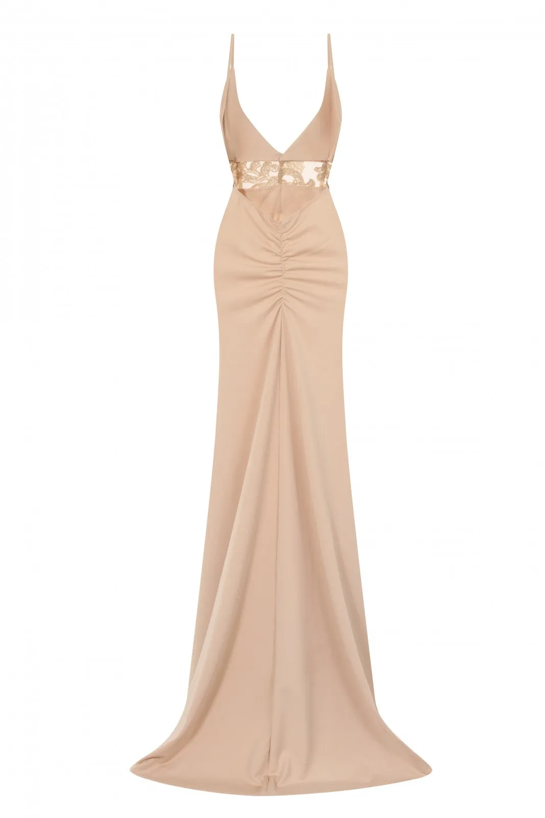 Shayla Nude Slinky Backless Fishtail Maxi Dress