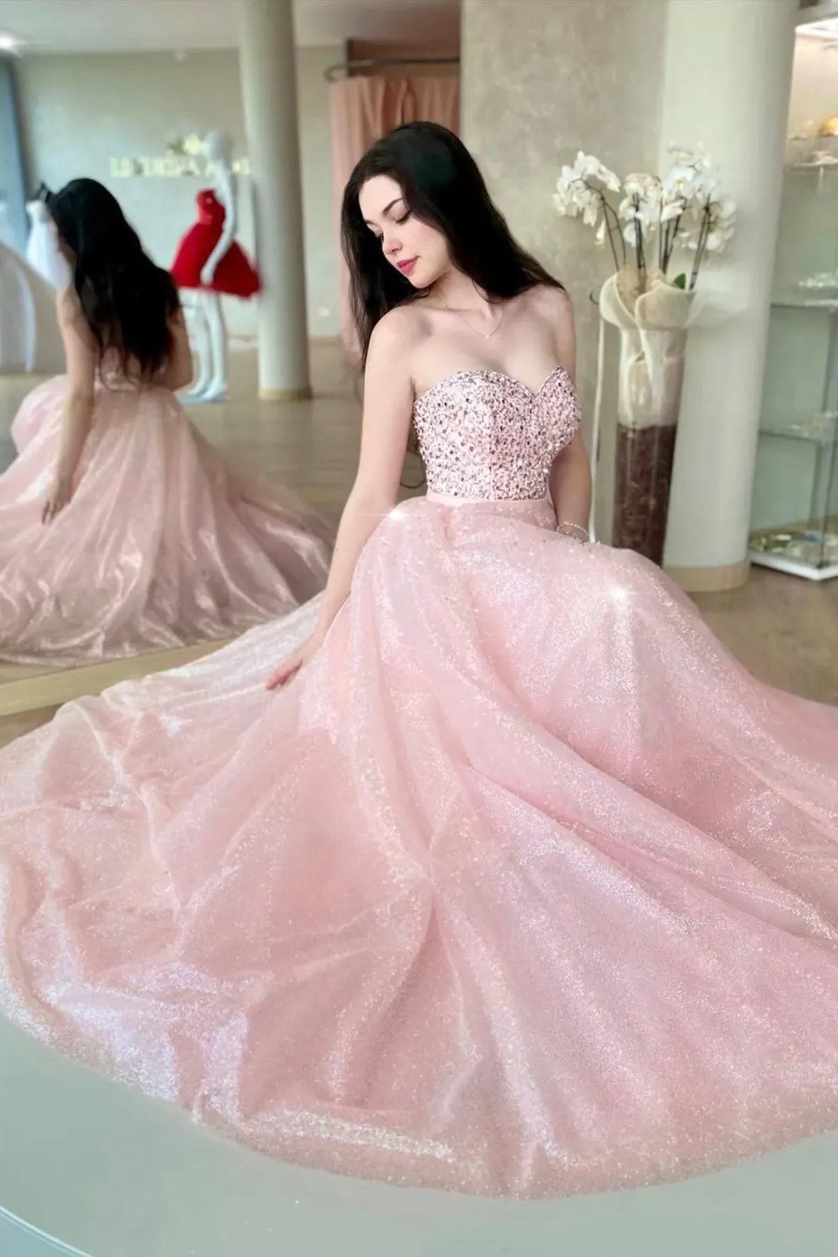 Shiny Sweetheart Neck Strapless Beaded Pink Long Prom Dress, Beaded Pink Formal Evening Dress A1759