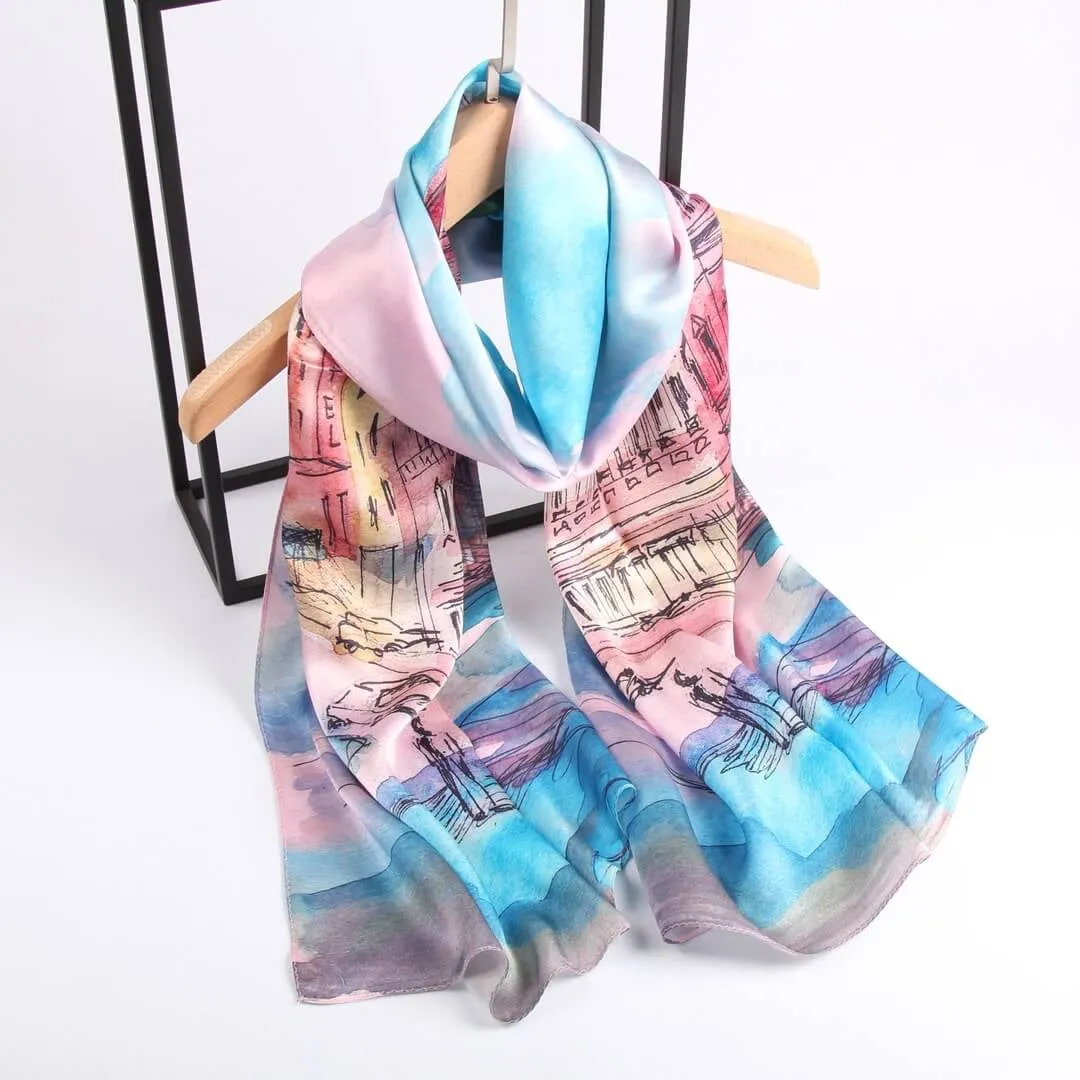 Silk Scarf Collections|Blossom Range|oil Painting Design|Blue|Long Silk Scarf