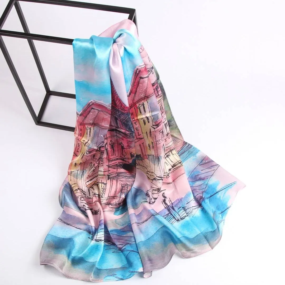 Silk Scarf Collections|Blossom Range|oil Painting Design|Blue|Long Silk Scarf