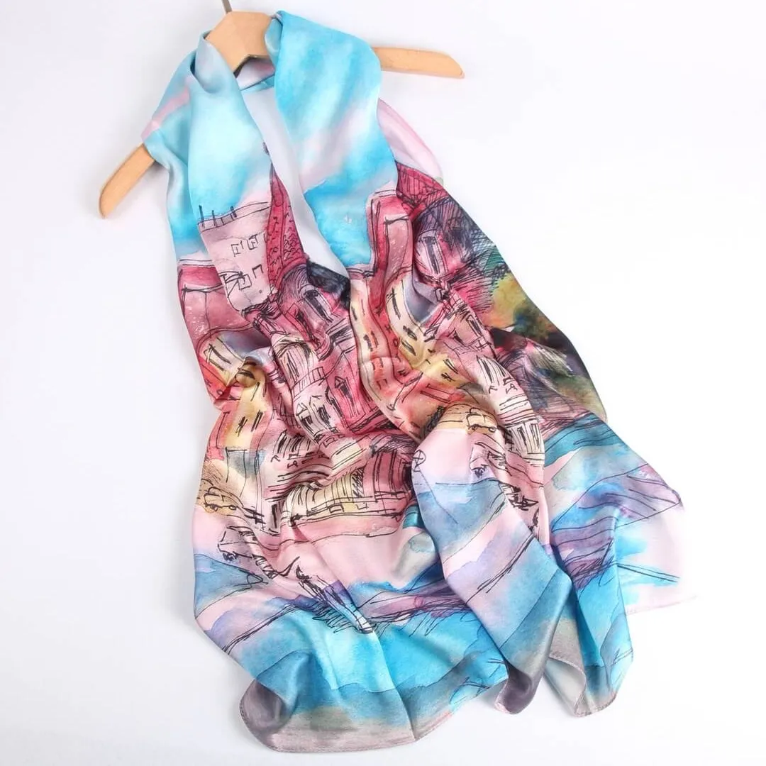 Silk Scarf Collections|Blossom Range|oil Painting Design|Blue|Long Silk Scarf