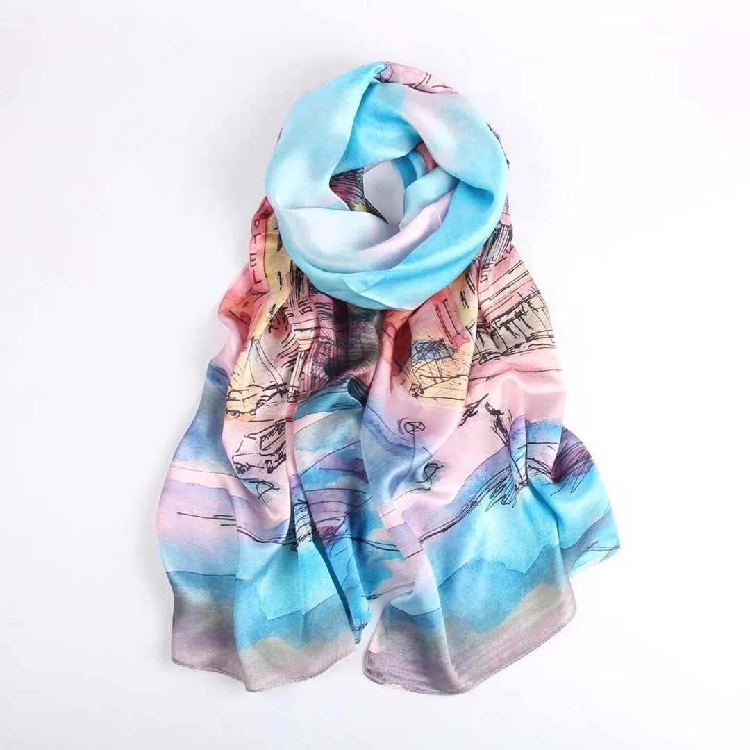 Silk Scarf Collections|Blossom Range|oil Painting Design|Blue|Long Silk Scarf