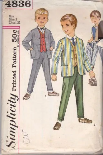 Simplicity 4836 Vintage Pattern Boys Suit Jacket Vest Pants 1960's