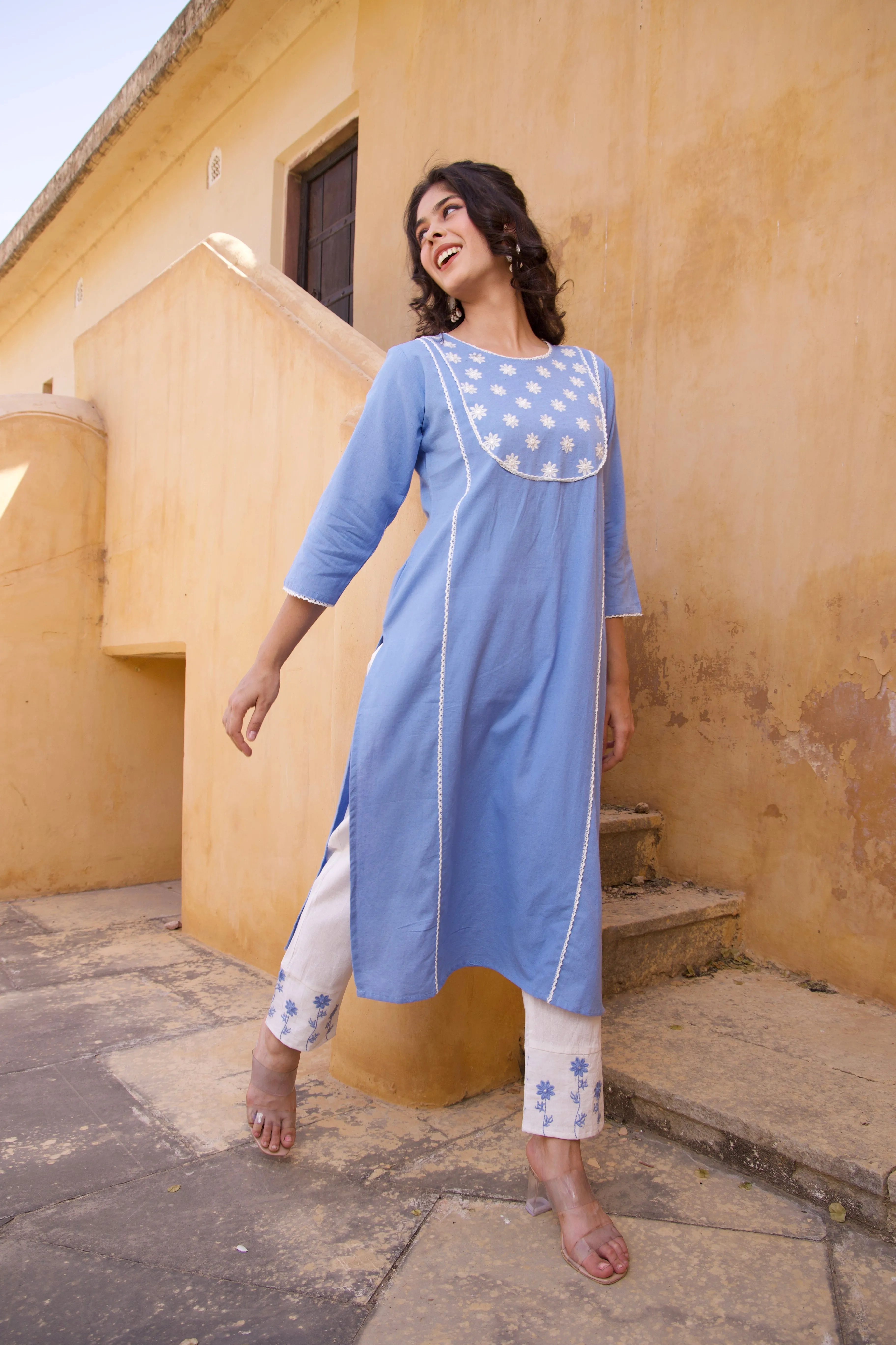 Sky Blue floral Kurta Set