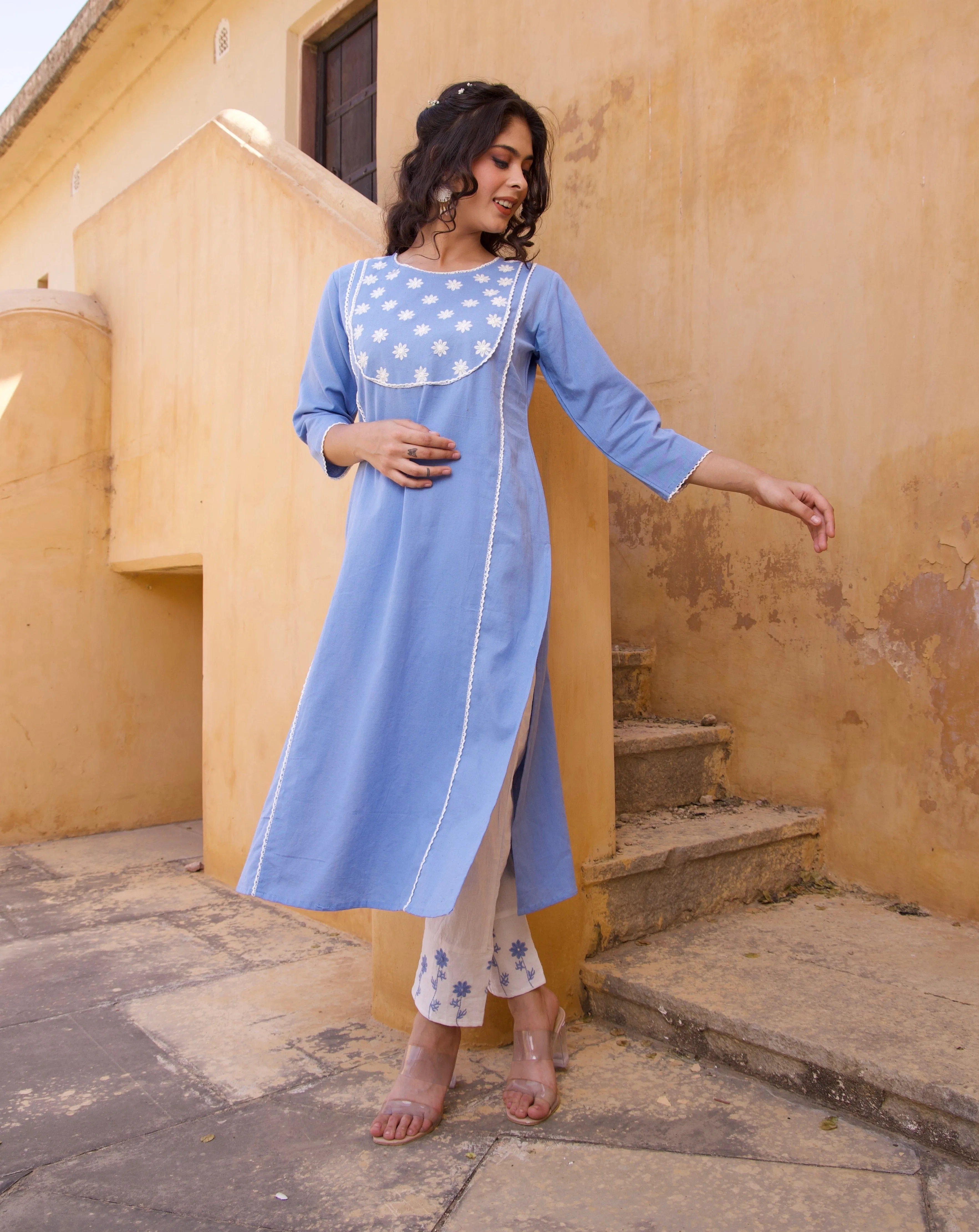 Sky Blue floral Kurta Set