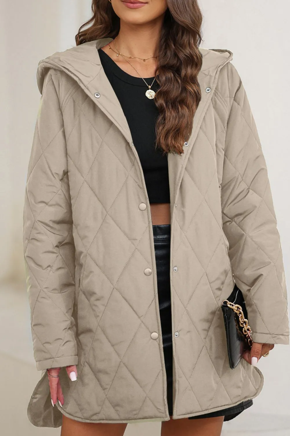 Snap Down Long Sleeve Quilted Winter Coat