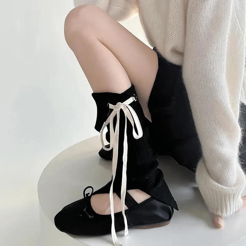 Sohiwoo Korea Women Y2K Ballet Tie Bow Knit Leg Socks Strap Pink Leg Warmers Long Calf Sweet Japanese Leg Covers Clothing Accessories