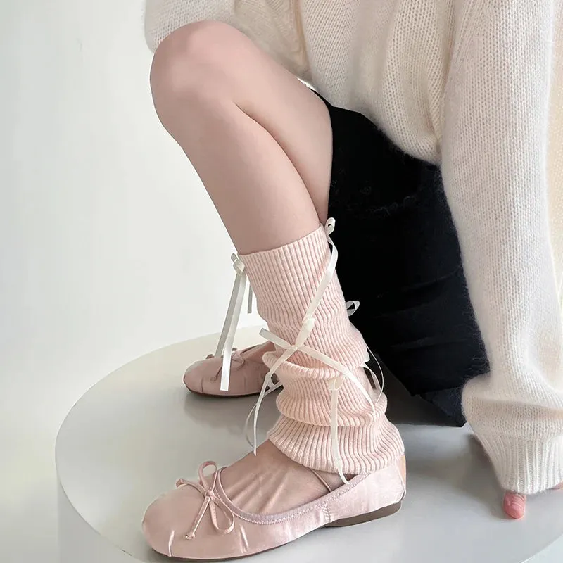 Sohiwoo Korea Women Y2K Ballet Tie Bow Knit Leg Socks Strap Pink Leg Warmers Long Calf Sweet Japanese Leg Covers Clothing Accessories