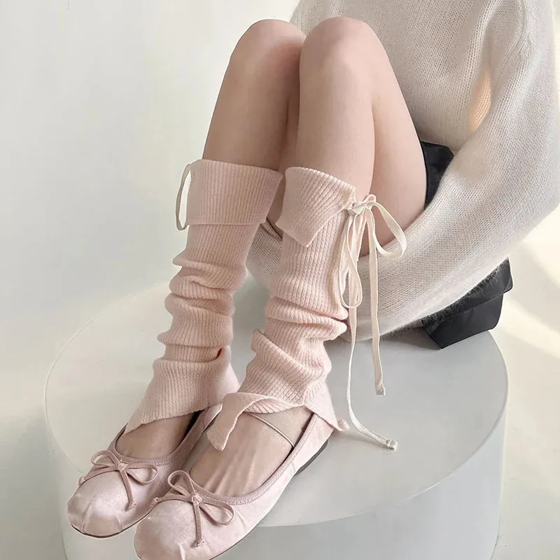 Sohiwoo Korea Women Y2K Ballet Tie Bow Knit Leg Socks Strap Pink Leg Warmers Long Calf Sweet Japanese Leg Covers Clothing Accessories