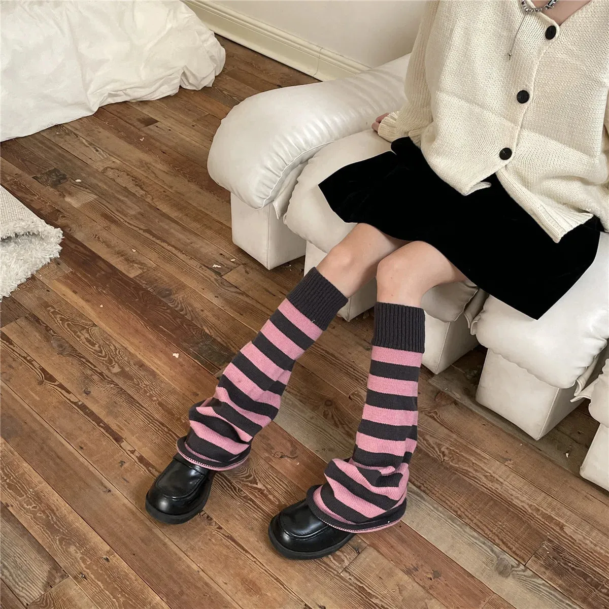 Sohiwoo Korean Pink Punk Women Leg Warmers Stripe Japanese Boot Cuffs Knit Leg Spreader Gothic JK Harajuku Long Cable Flared Socks