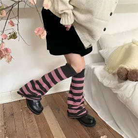 Sohiwoo Korean Pink Punk Women Leg Warmers Stripe Japanese Boot Cuffs Knit Leg Spreader Gothic JK Harajuku Long Cable Flared Socks