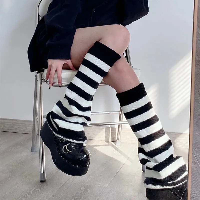 Sohiwoo Korean Pink Punk Women Leg Warmers Stripe Japanese Boot Cuffs Knit Leg Spreader Gothic JK Harajuku Long Cable Flared Socks