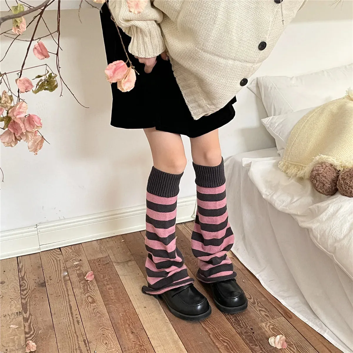 Sohiwoo Korean Pink Punk Women Leg Warmers Stripe Japanese Boot Cuffs Knit Leg Spreader Gothic JK Harajuku Long Cable Flared Socks