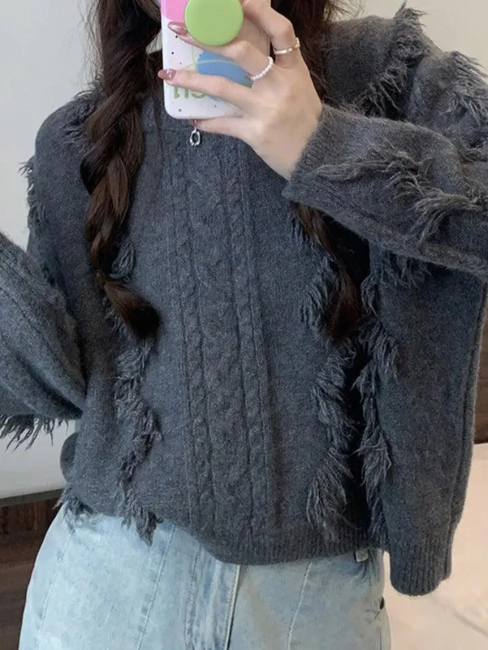 Solid Tassel Cable Knit Sweater