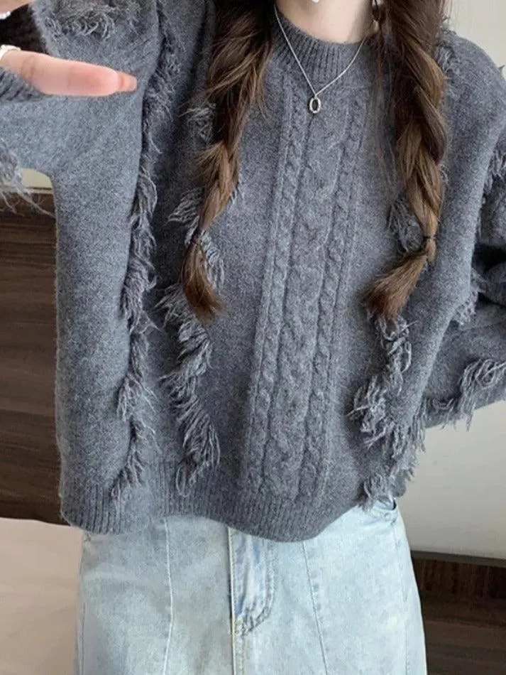 Solid Tassel Cable Knit Sweater