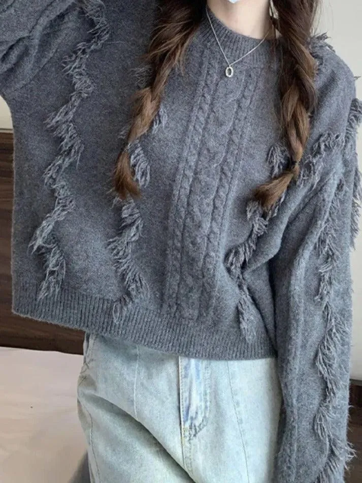 Solid Tassel Cable Knit Sweater