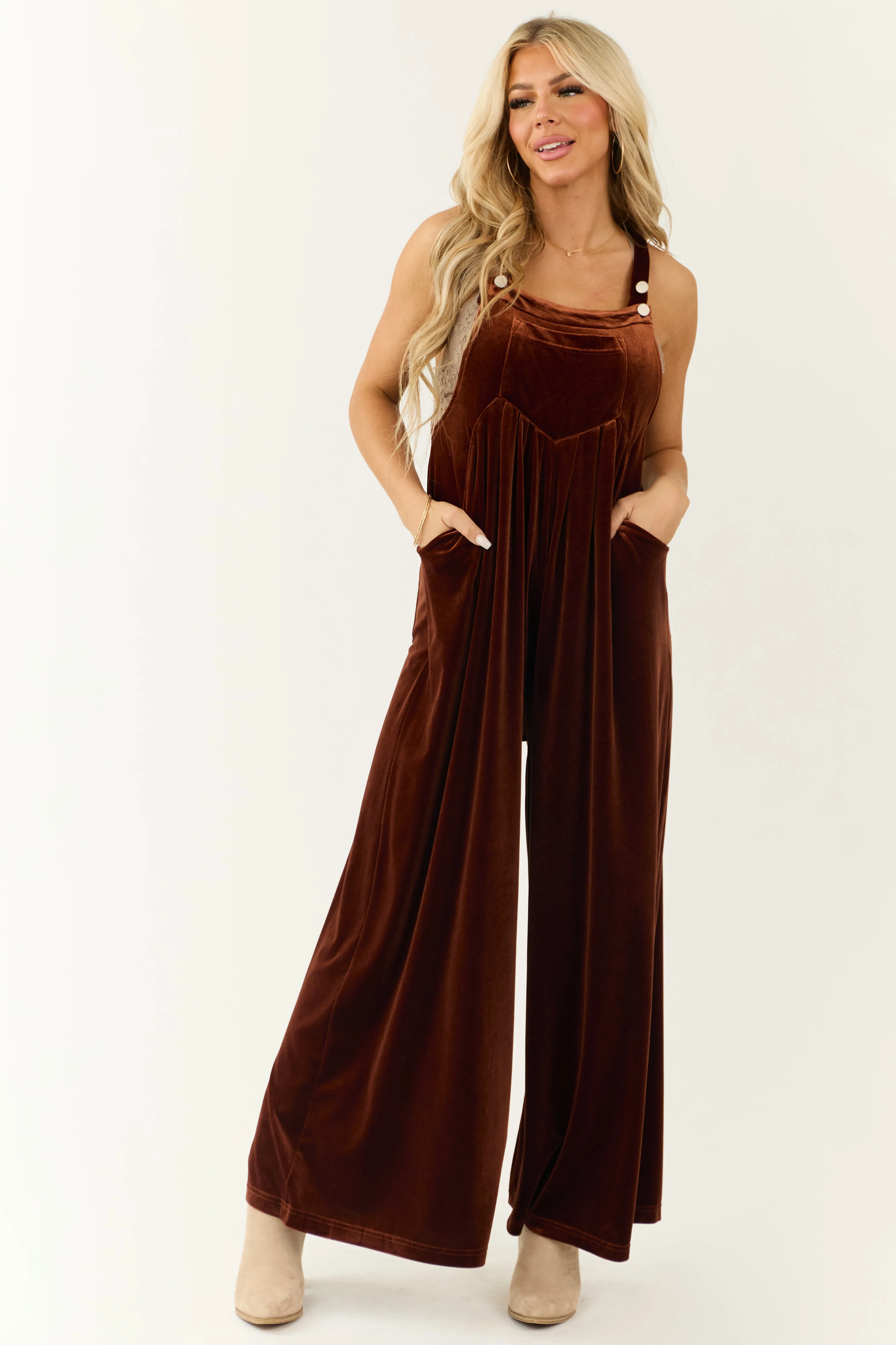 Spice Velvet Wide Leg Overall Jumpsuit