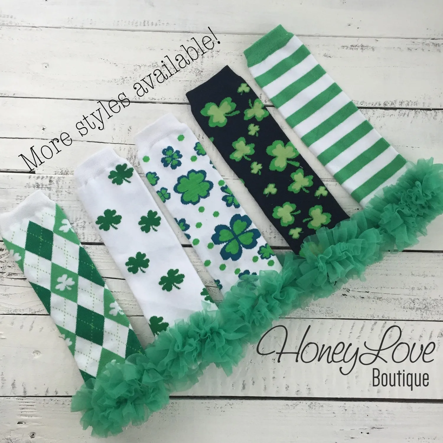 St. Patrick's Day Green/White//Stripe Shamrock leg warmers with green ruffles