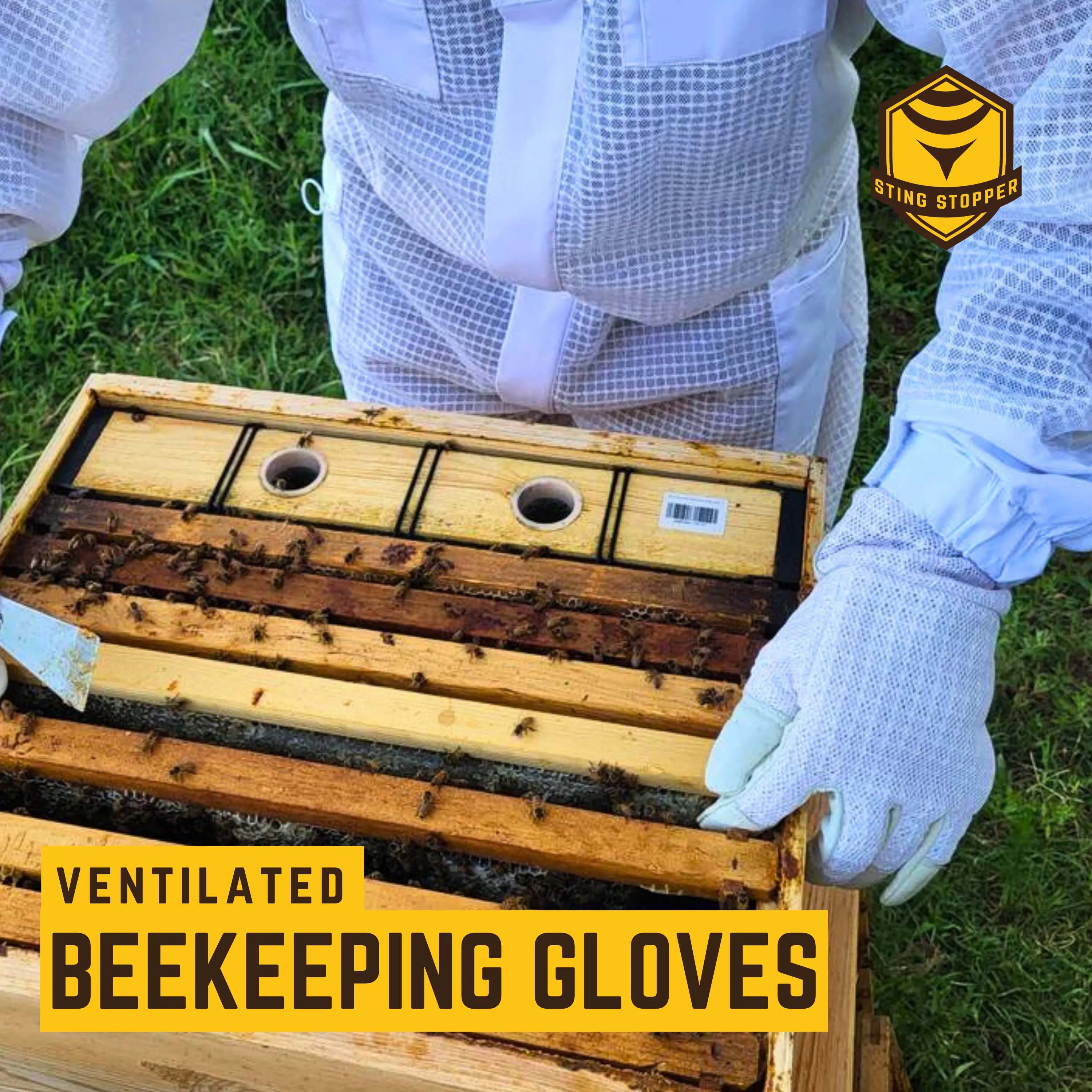 Sting Stopper Ventilated Goat Skin Beekeeping Gloves - Beekeeper White