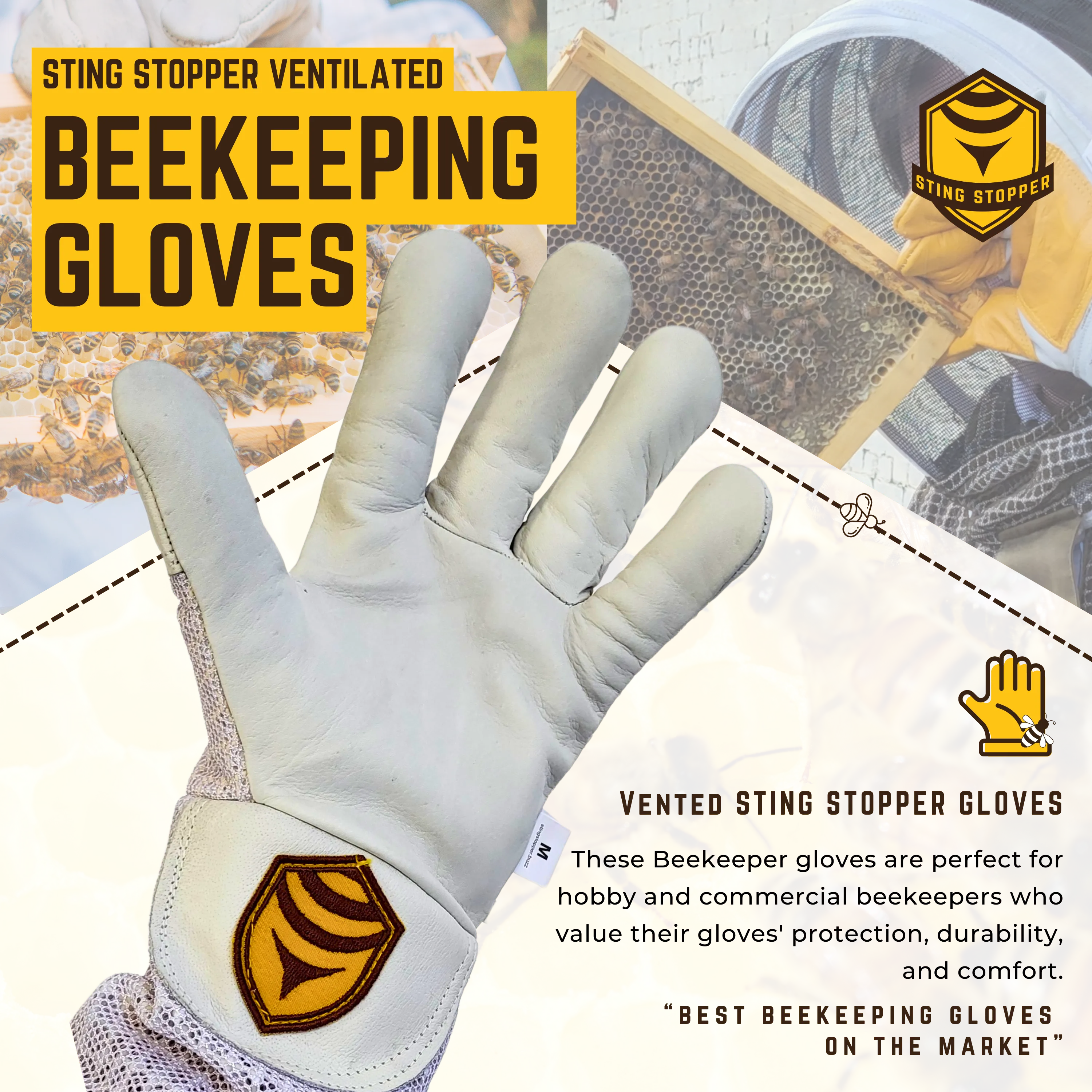 Sting Stopper Ventilated Goat Skin Beekeeping Gloves - Beekeeper White