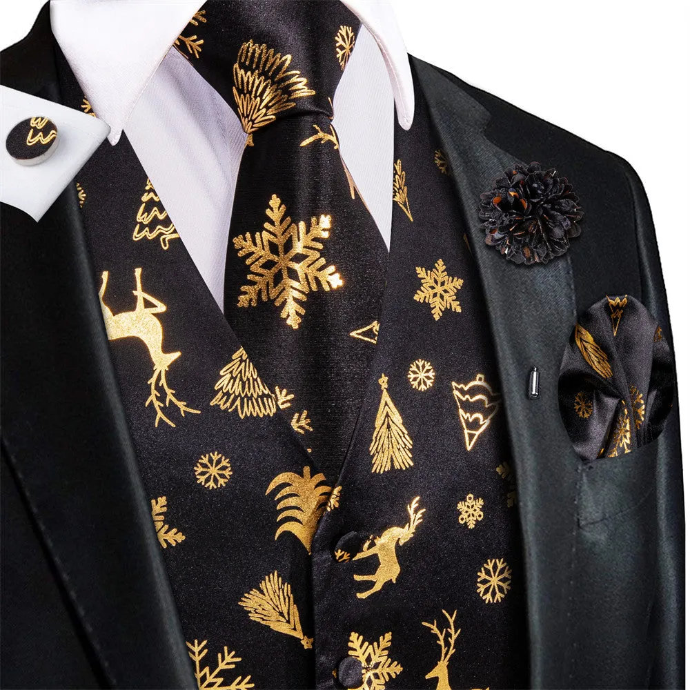 Ties2you Mens Silk Waistcoat Black Gold Christmas Elements Vest Necktie Set