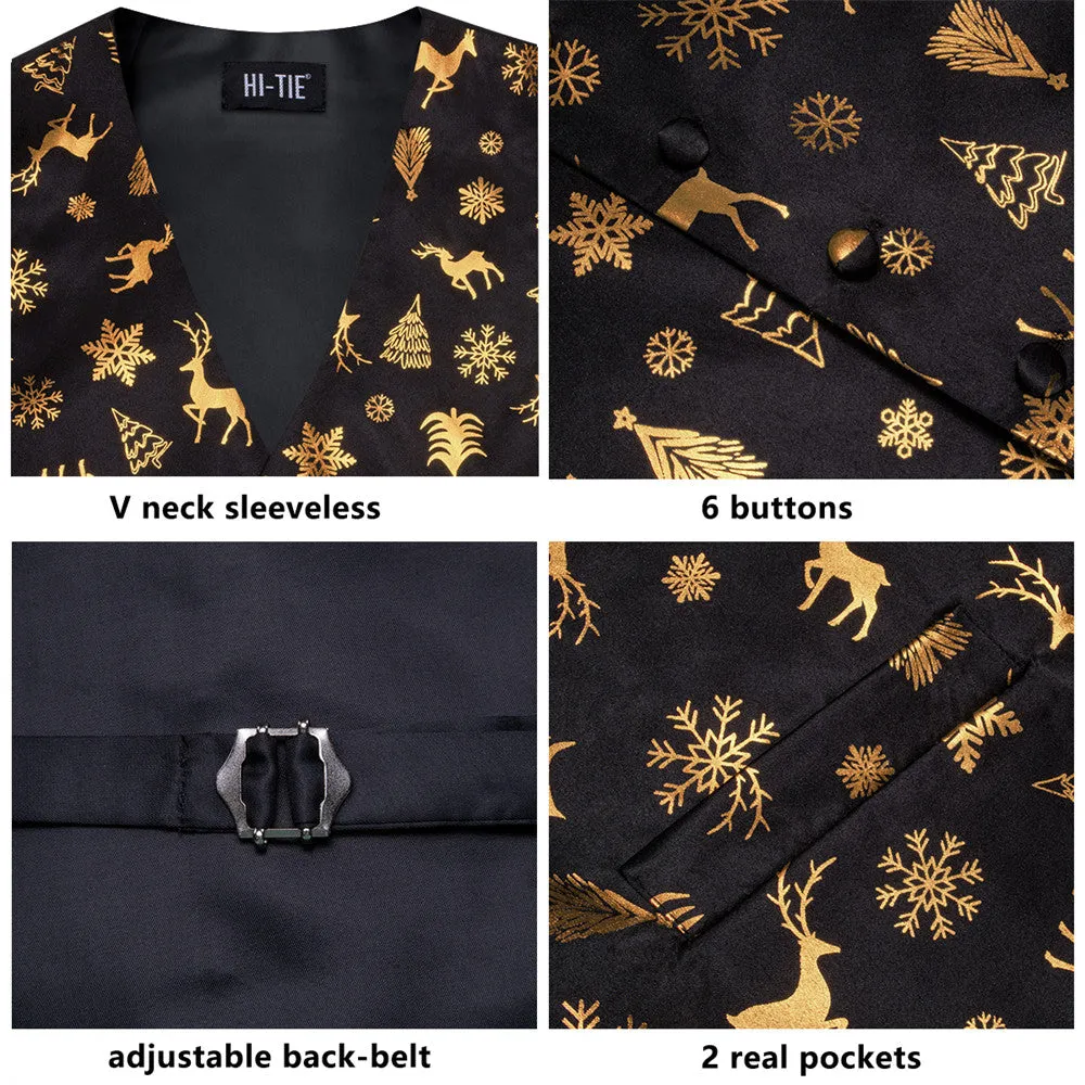 Ties2you Mens Silk Waistcoat Black Gold Christmas Elements Vest Necktie Set