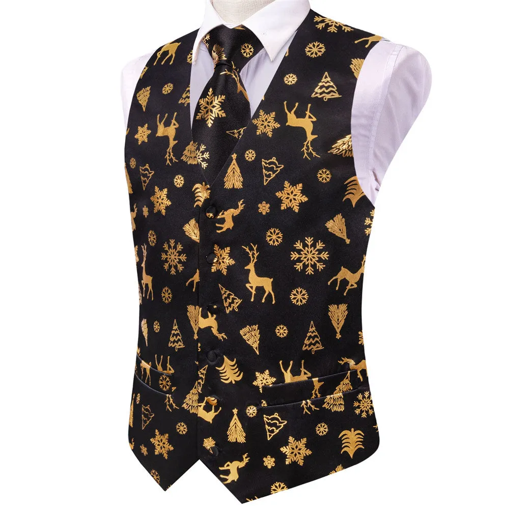 Ties2you Mens Silk Waistcoat Black Gold Christmas Elements Vest Necktie Set