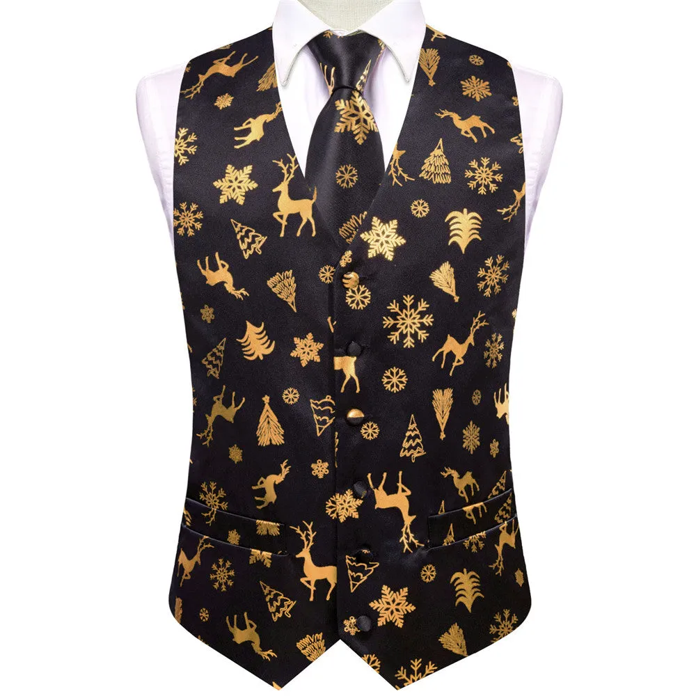 Ties2you Mens Silk Waistcoat Black Gold Christmas Elements Vest Necktie Set