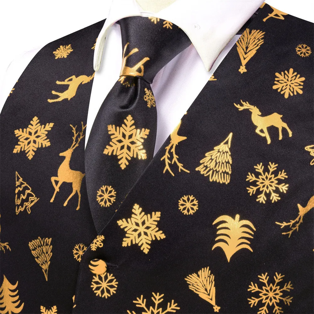 Ties2you Mens Silk Waistcoat Black Gold Christmas Elements Vest Necktie Set