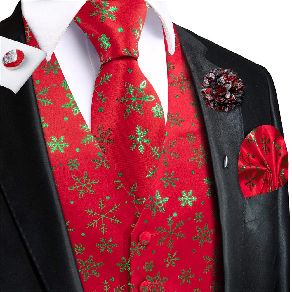 Ties2you Mens Silk Waistcoat Red Green Christmas Elements Vest Necktie Set