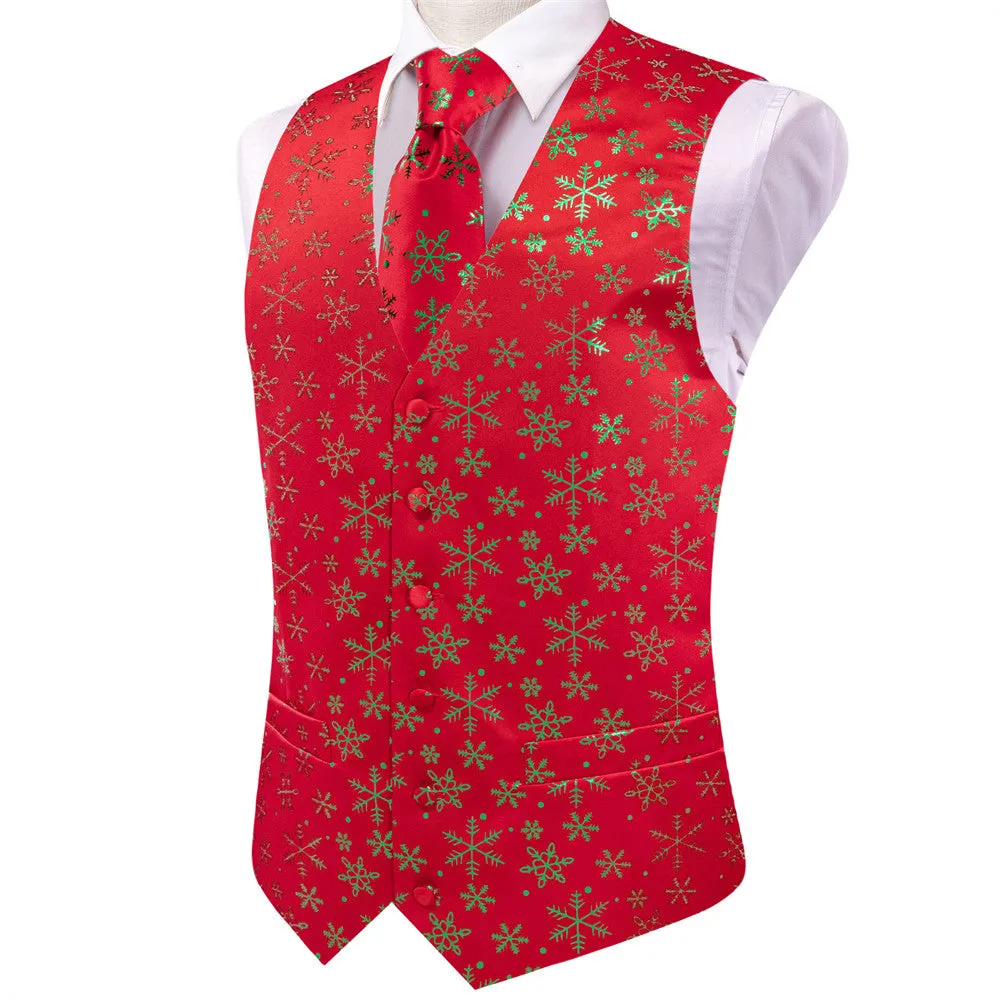 Ties2you Mens Silk Waistcoat Red Green Christmas Elements Vest Necktie Set