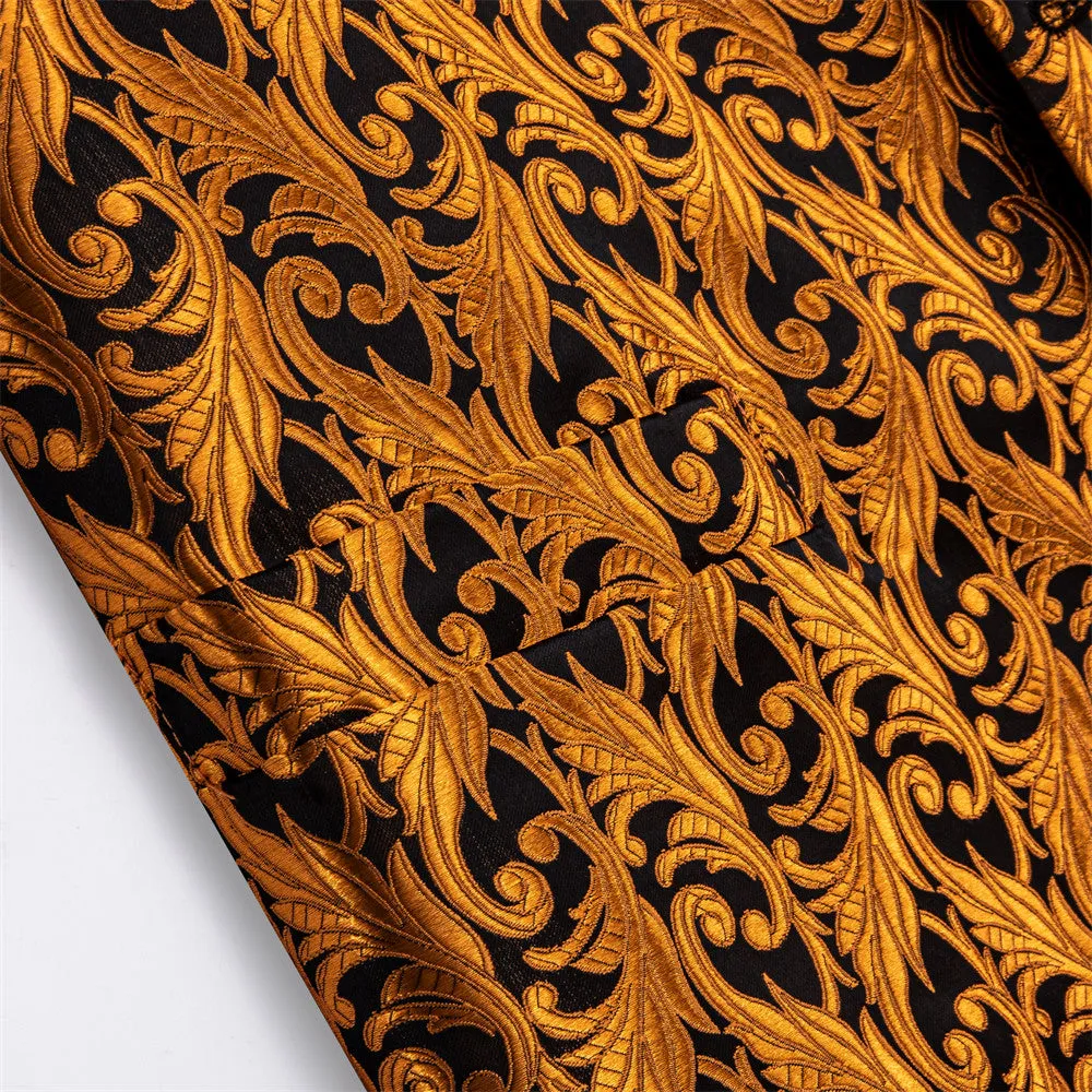 Ties2you Orange Black Floral Jacquard Silk Men's Vest Hanky Cufflinks Tie Set