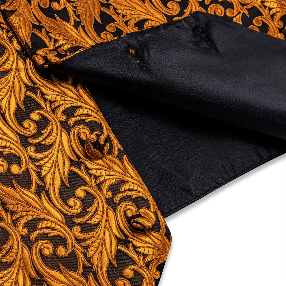 Ties2you Orange Black Floral Jacquard Silk Men's Vest Hanky Cufflinks Tie Set