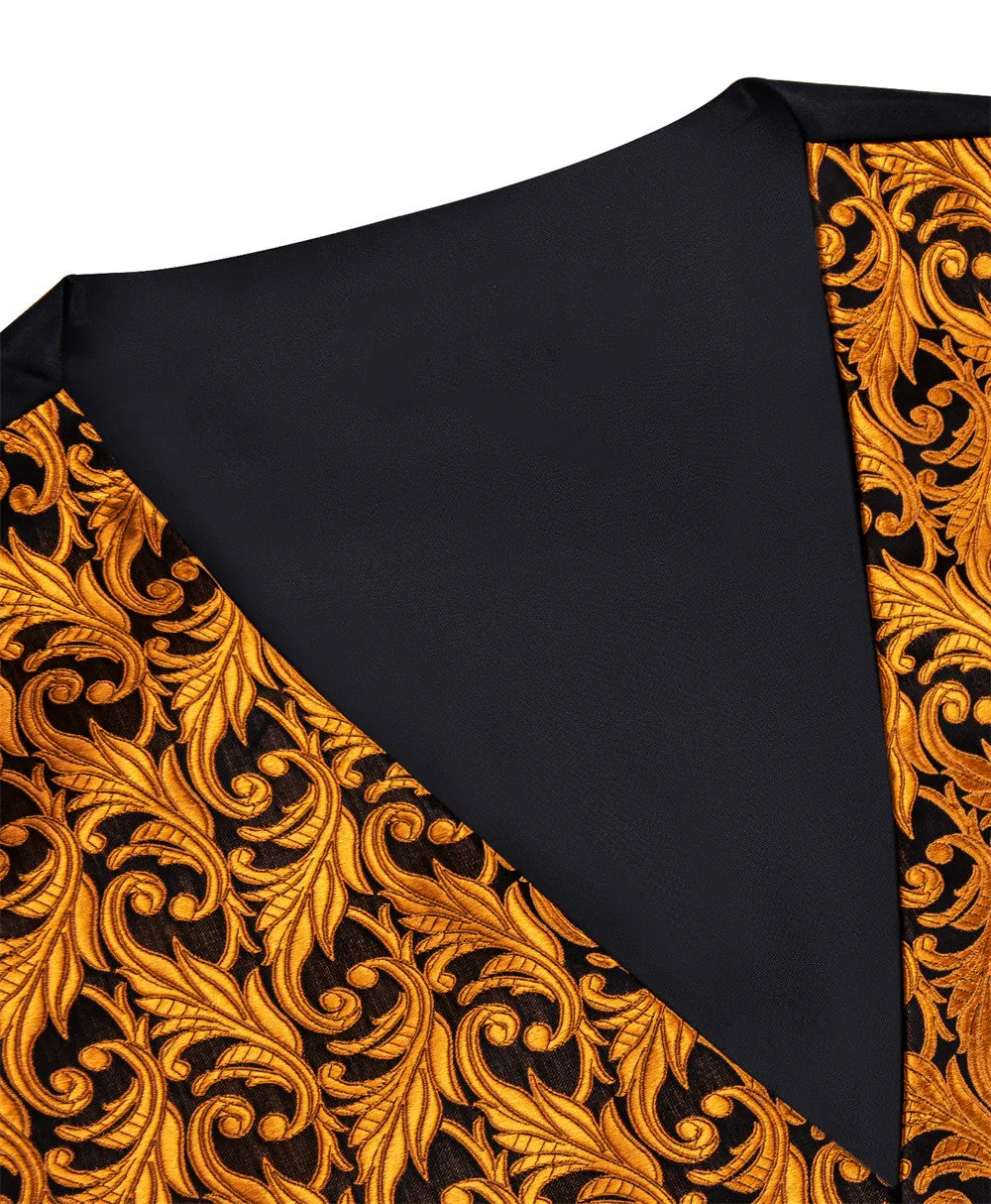 Ties2you Orange Black Floral Jacquard Silk Men's Vest Hanky Cufflinks Tie Set