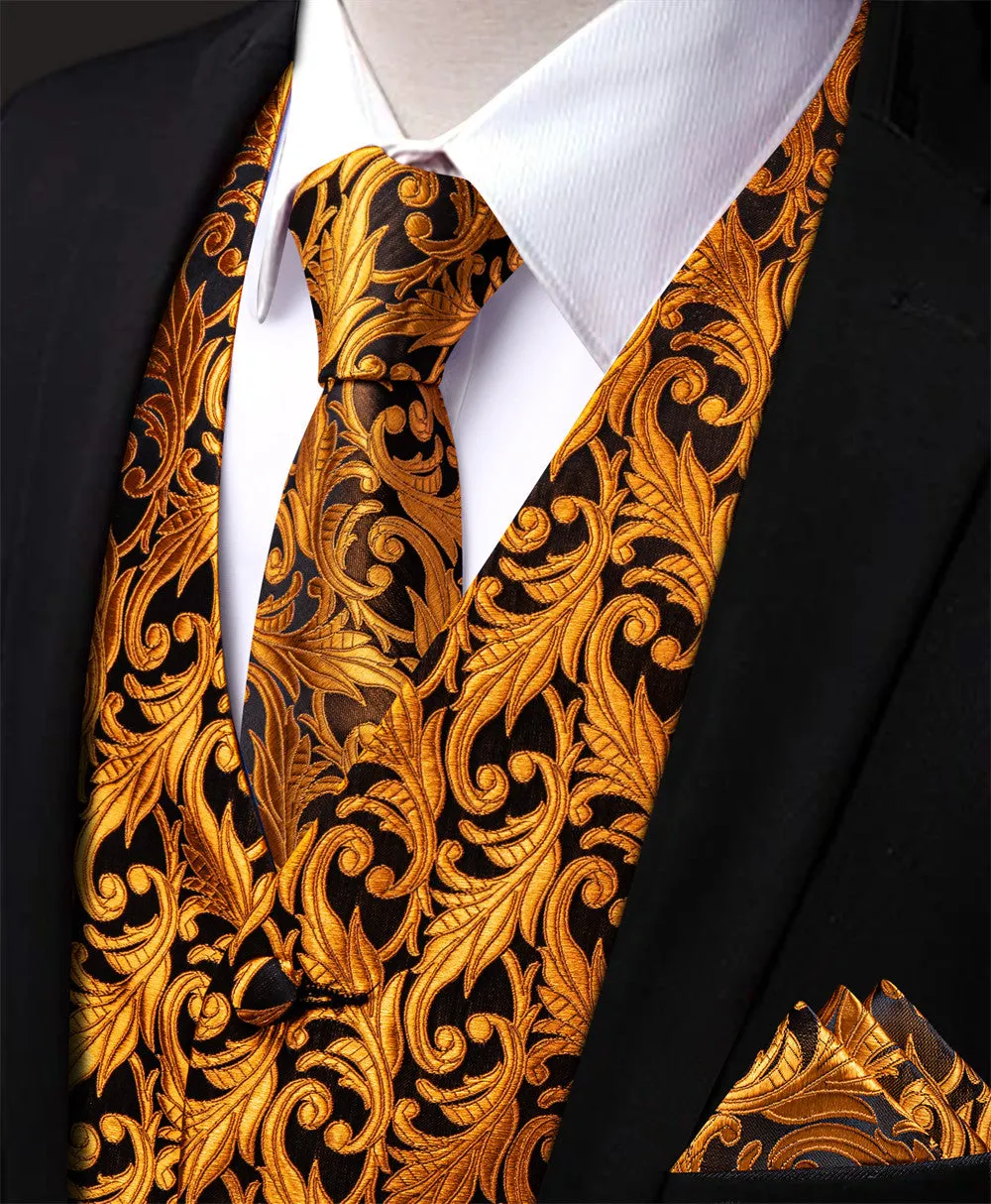 Ties2you Orange Black Floral Jacquard Silk Men's Vest Hanky Cufflinks Tie Set