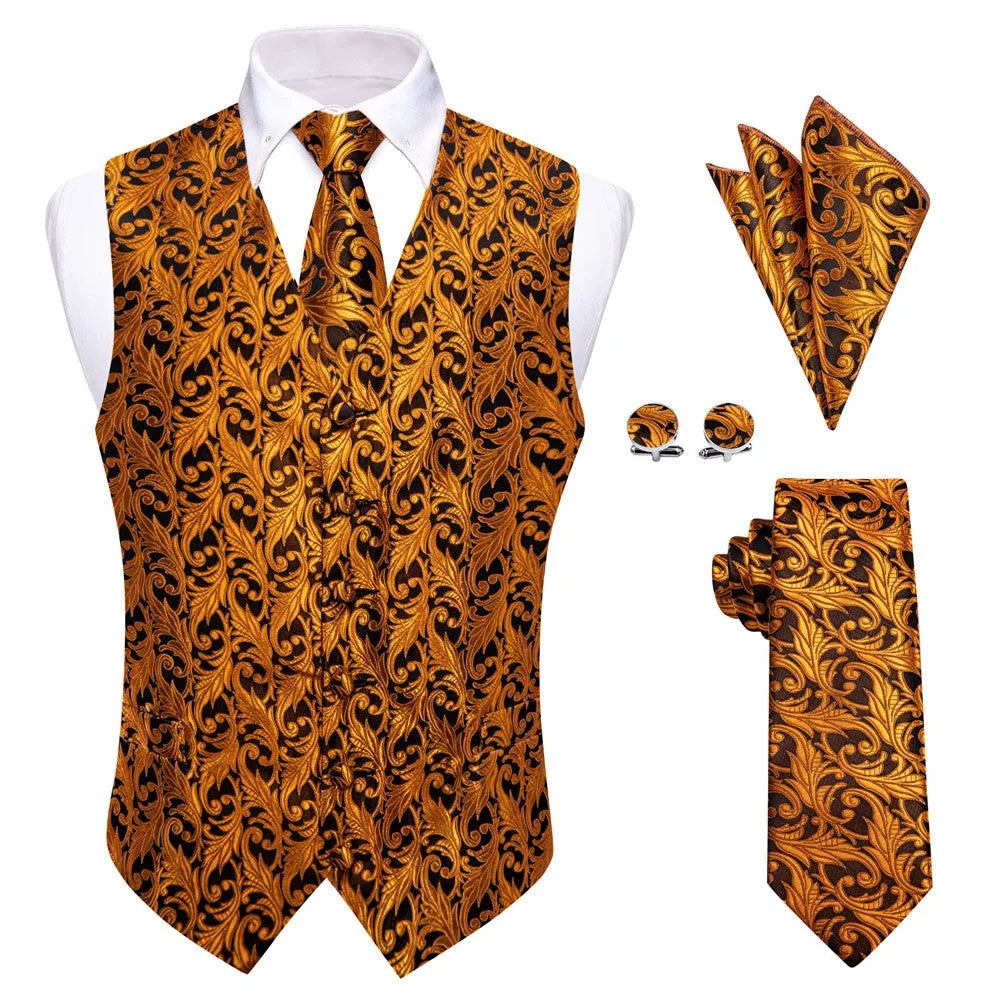 Ties2you Orange Black Floral Jacquard Silk Men's Vest Hanky Cufflinks Tie Set