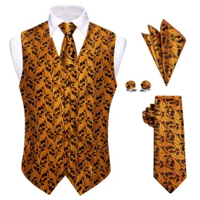 Ties2you Orange Black Floral Jacquard Silk Men's Vest Hanky Cufflinks Tie Set