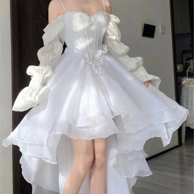 Toleet-Spring Elegant White Off Shoulder Fairy Dress Chic Princess Puff Dress Mesh Puff Dress Wedding Party Porm Dress