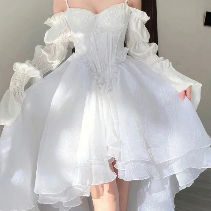 Toleet-Spring Elegant White Off Shoulder Fairy Dress Chic Princess Puff Dress Mesh Puff Dress Wedding Party Porm Dress