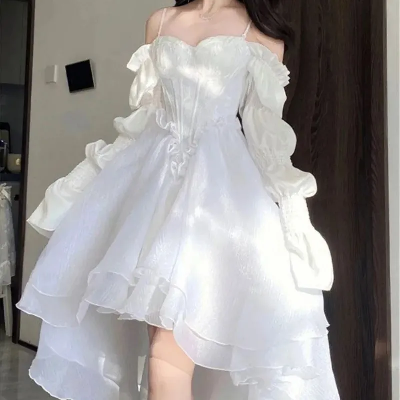 Toleet-Spring Elegant White Off Shoulder Fairy Dress Chic Princess Puff Dress Mesh Puff Dress Wedding Party Porm Dress