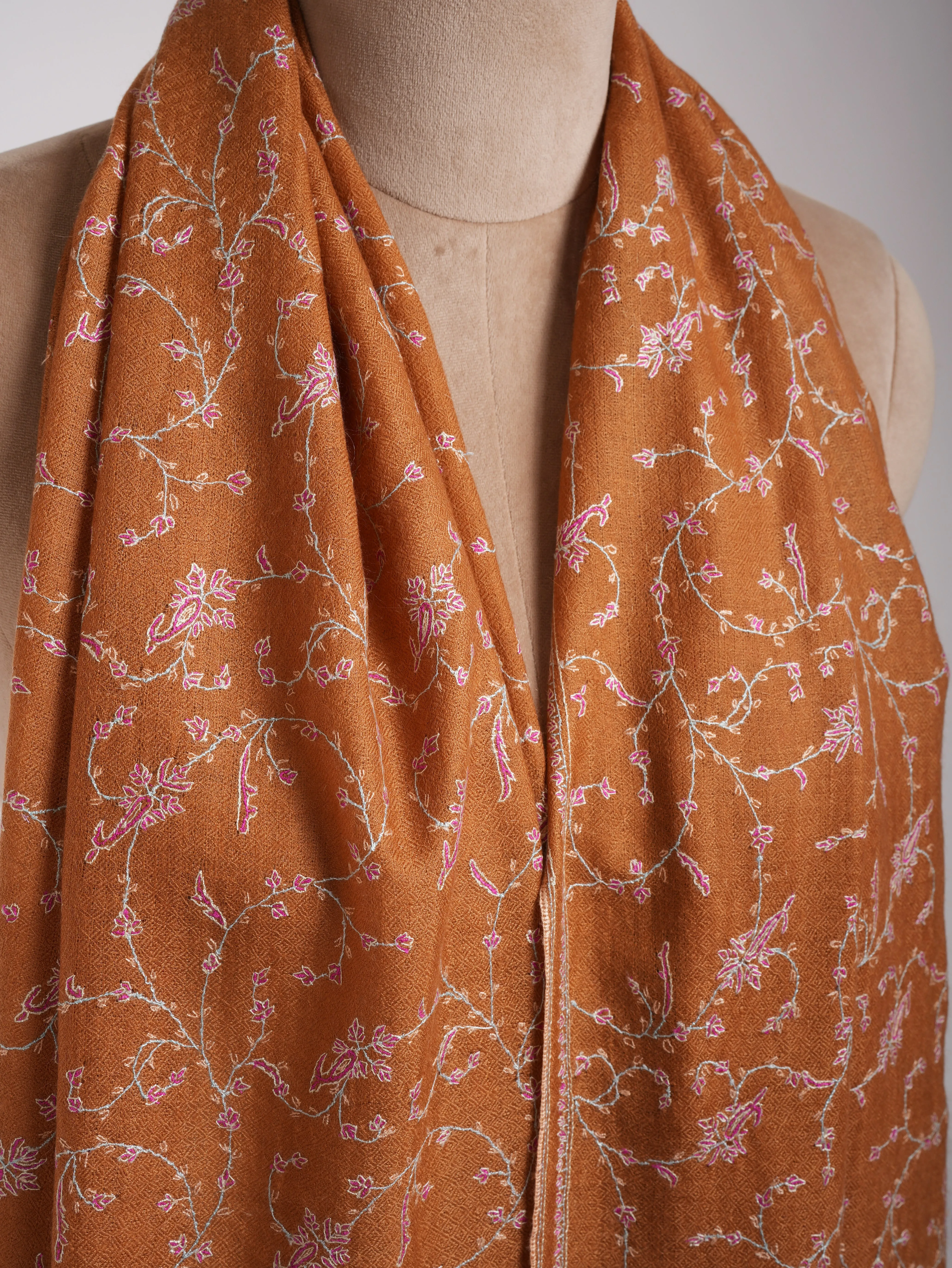 Tomato Cream Color Hand Embroidered Indian Cashmere Scarf