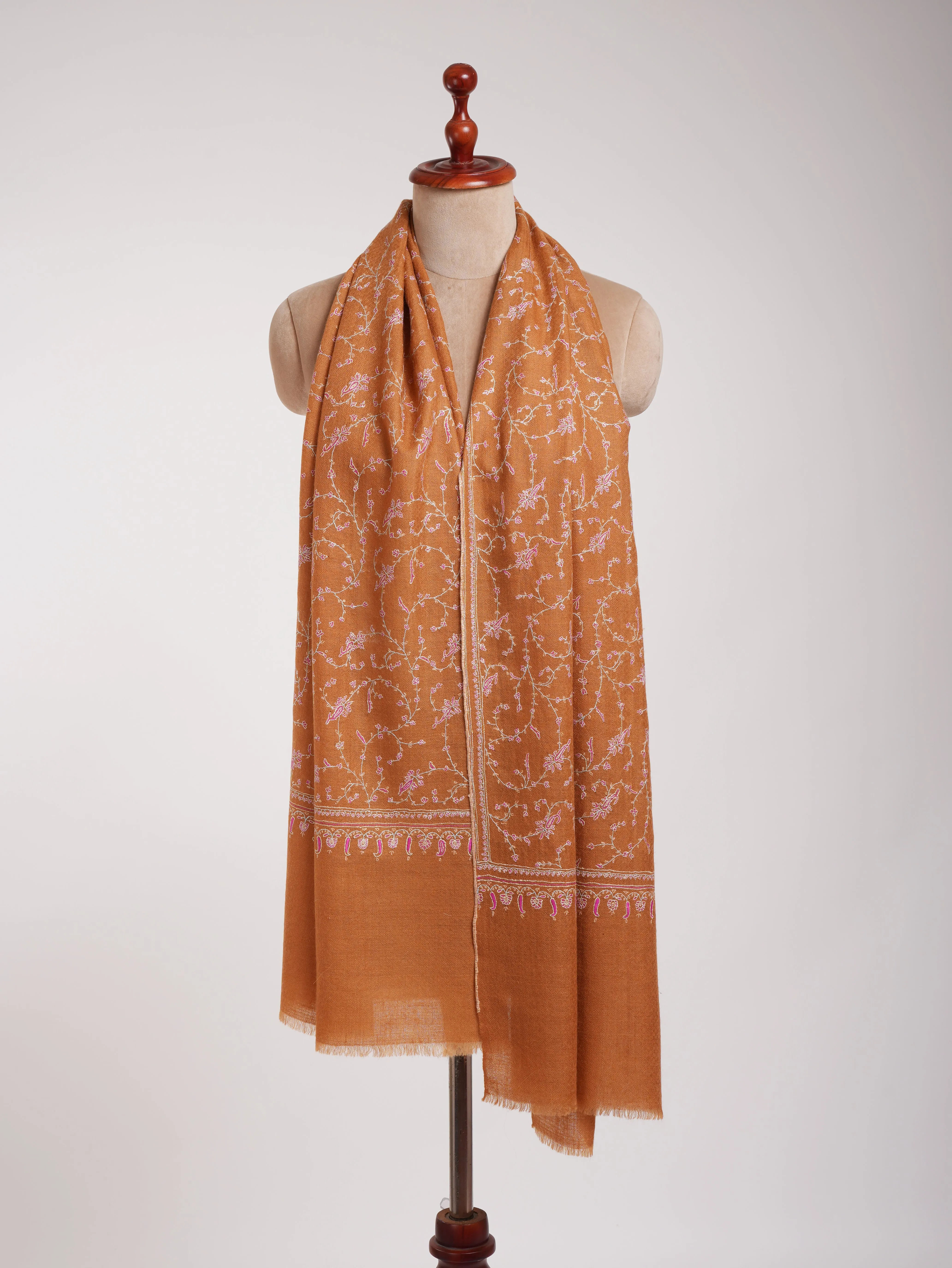 Tomato Cream Color Hand Embroidered Indian Cashmere Scarf