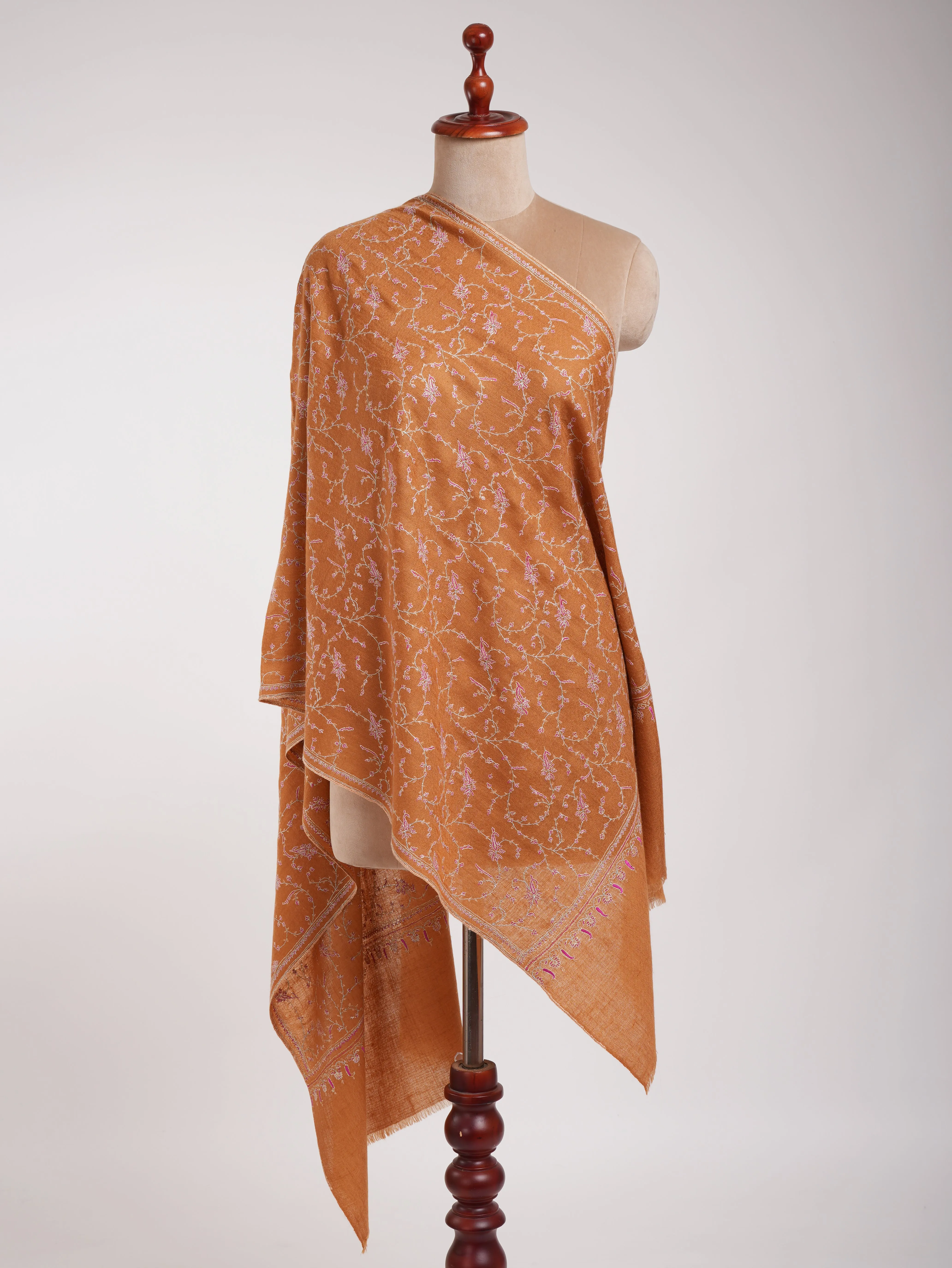 Tomato Cream Color Hand Embroidered Indian Cashmere Scarf